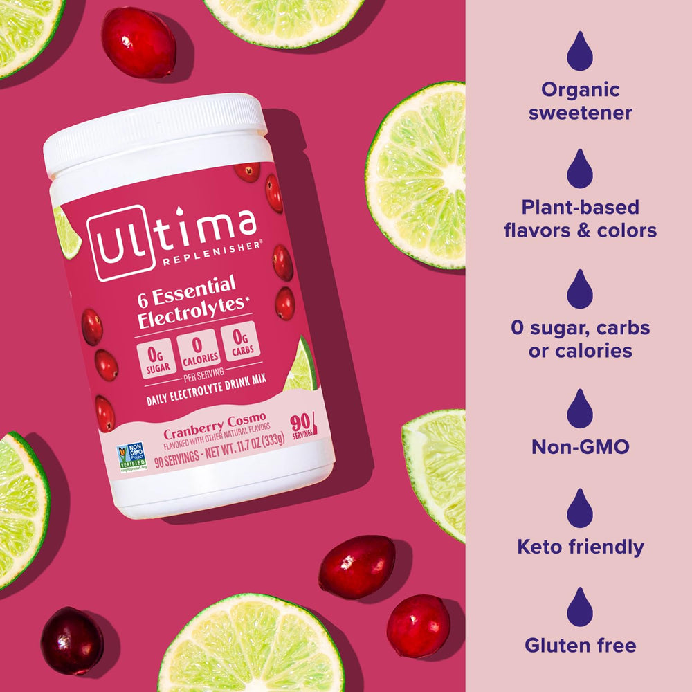 Chilled glass of Ultima Replenisher with ice for refreshing hydration.