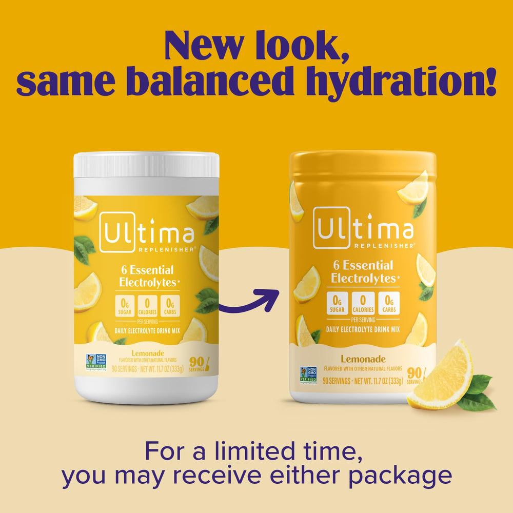 Label highlights electrolytes and minerals in Ultima Replenisher lemonade.