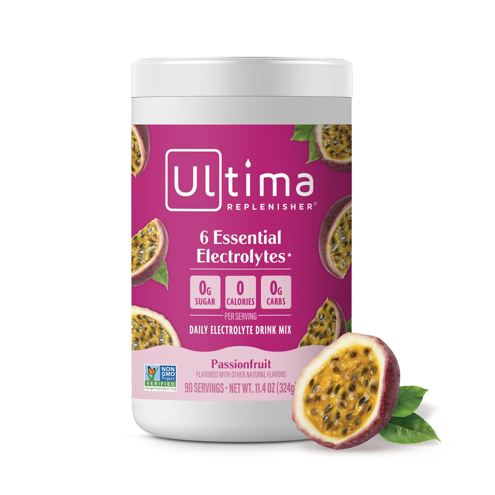 Ultima Replenisher passionfruit canister front view for sugar-free hydration