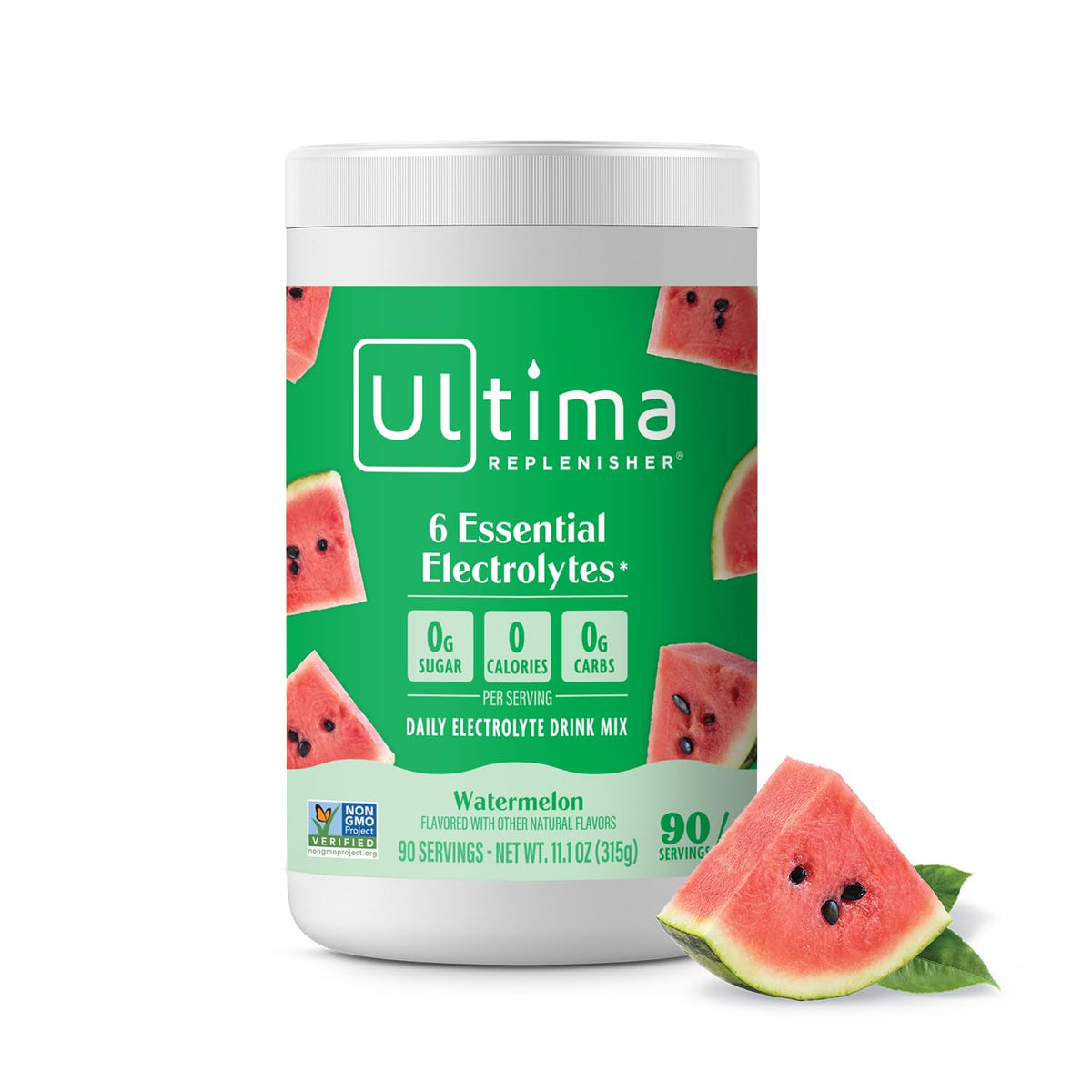 Ultima Replenisher Watermelon canister front showing sugar-free daily hydration.