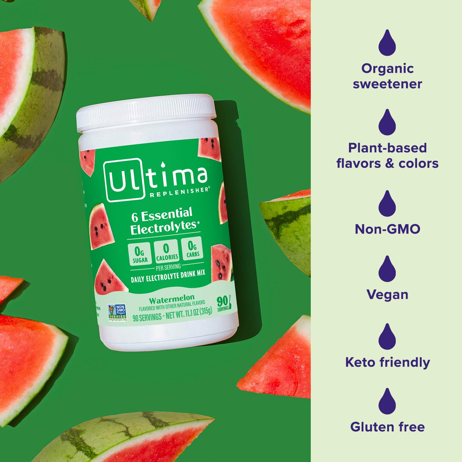 Ultima Replenisher Watermelon flavor label highlights plant-based ingredients and natural sweetness.