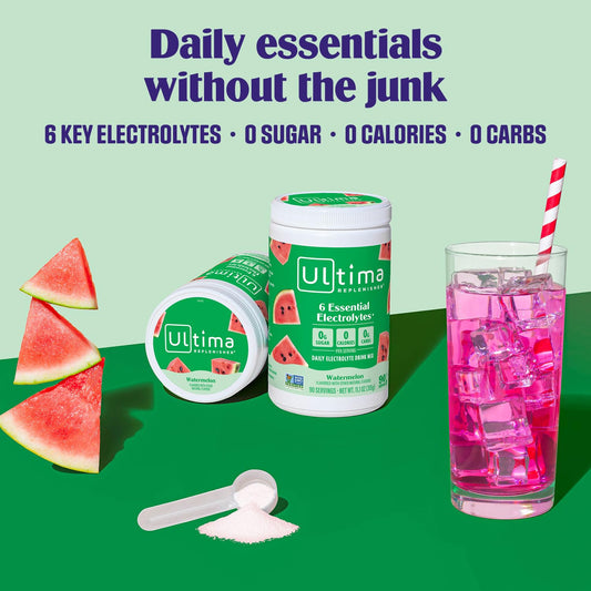 Ultima Replenisher Watermelon scoop dispensing powder for quick one-scoop hydration.