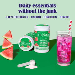 Ultima Replenisher Watermelon scoop dispensing powder for quick one-scoop hydration.