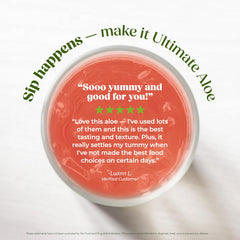 Ultimate Aloe bottle closeup with clear label and pure ingredients.