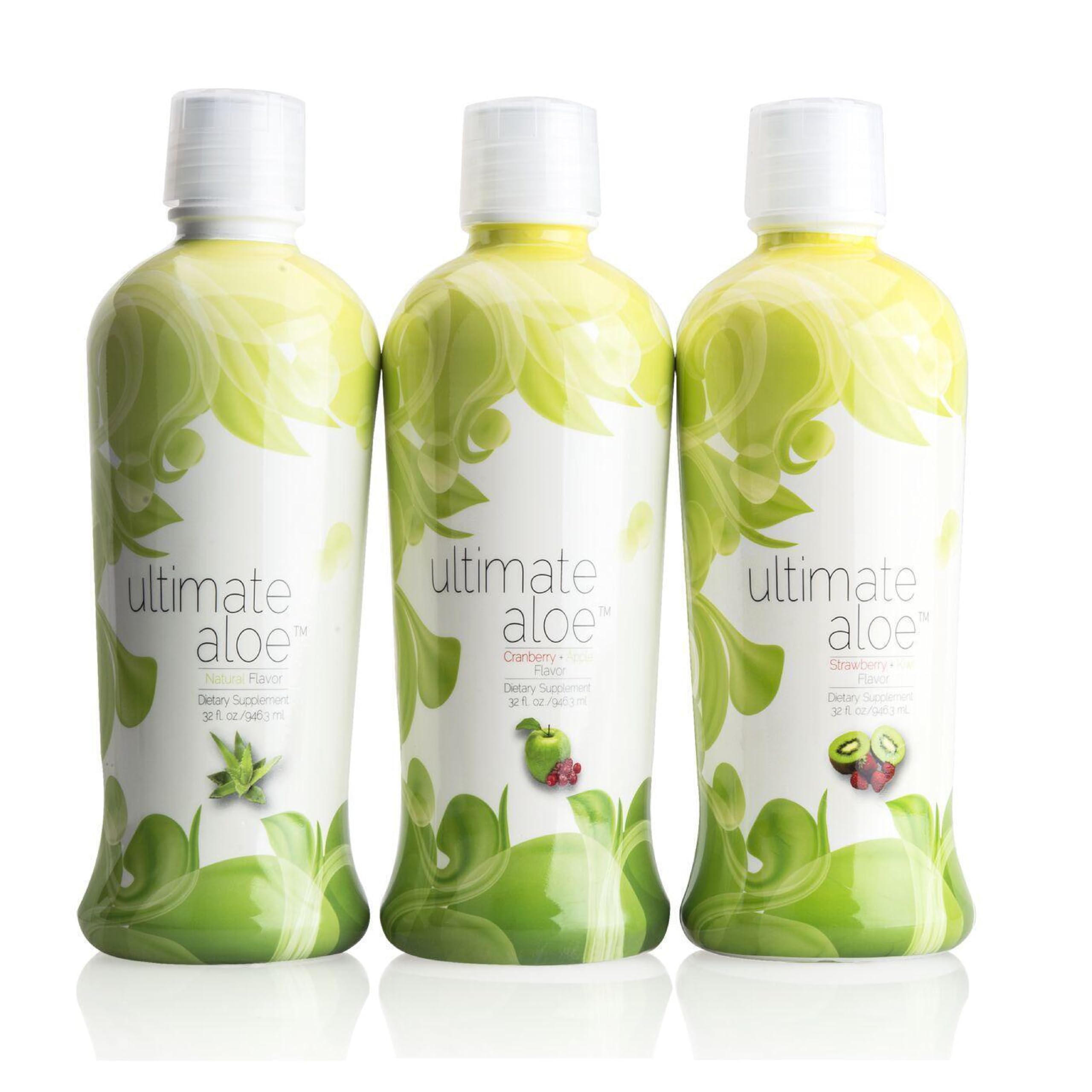 Ultimate Aloe ingredients panel highlights enzymes, vitamins, minerals.