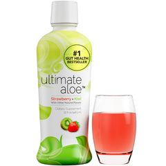 Ultimate Aloe strawberry-kiwi bottle shows vibrant flavor and digestive-friendly appeal.