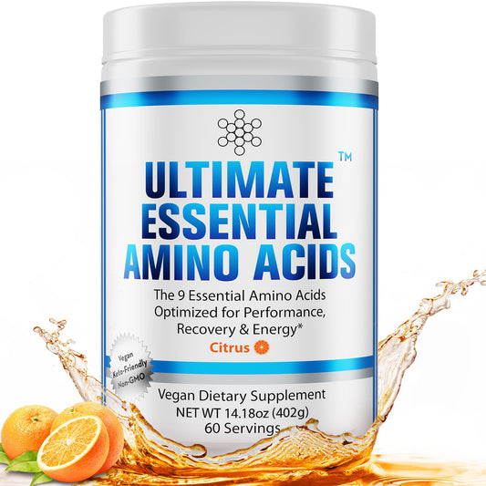 Ultimate EAA powder bottle with citrus flavor, promoting energy support.