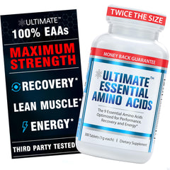 Ultimate EAA tablets in a bottle closeup showing easy daily use
