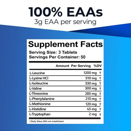 Ultimate EAA tablets being poured, highlighting easy-to-swallow design for workouts.