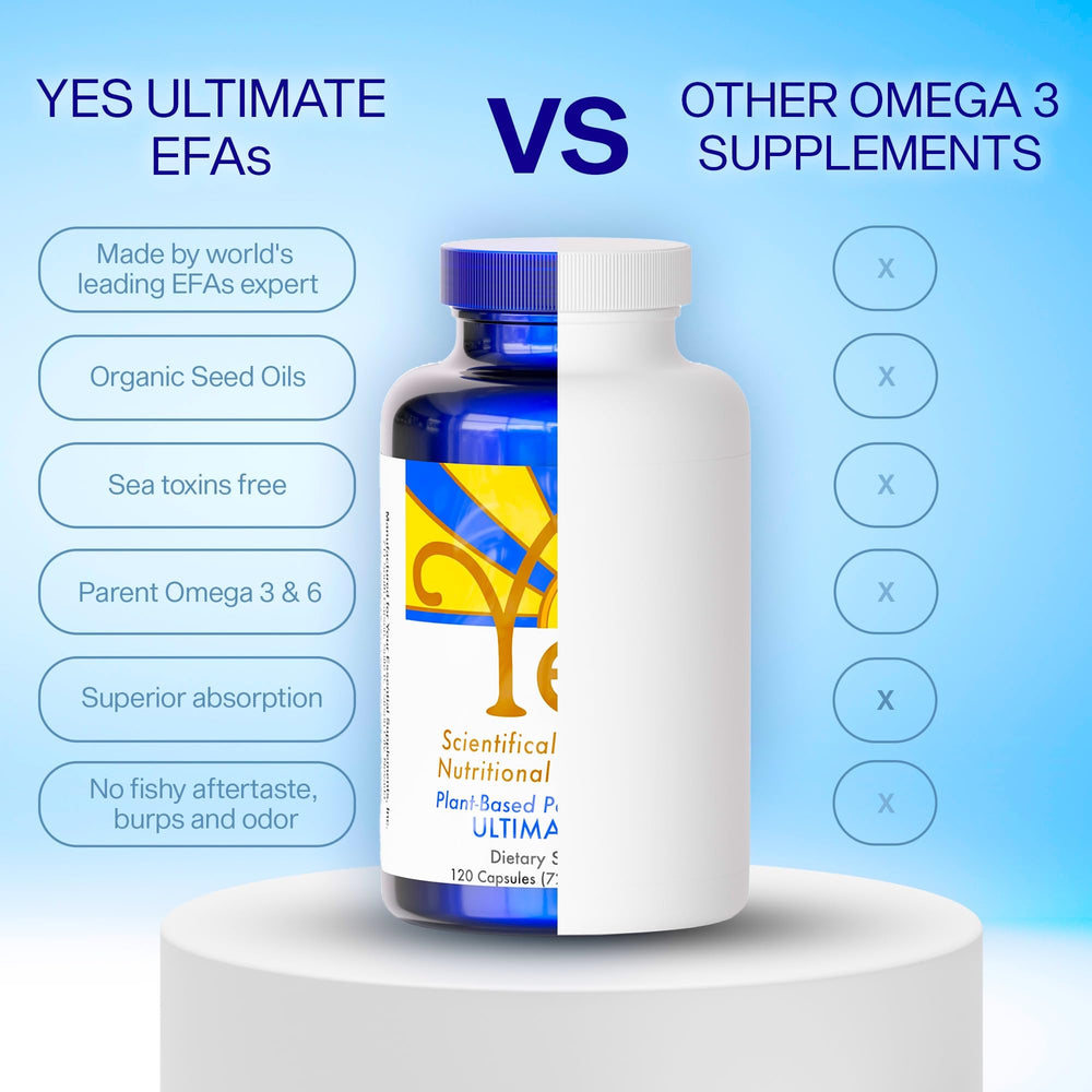 ULTIMATE EFAs YES bottle on table conveys a clean, toxin-free lifestyle choice