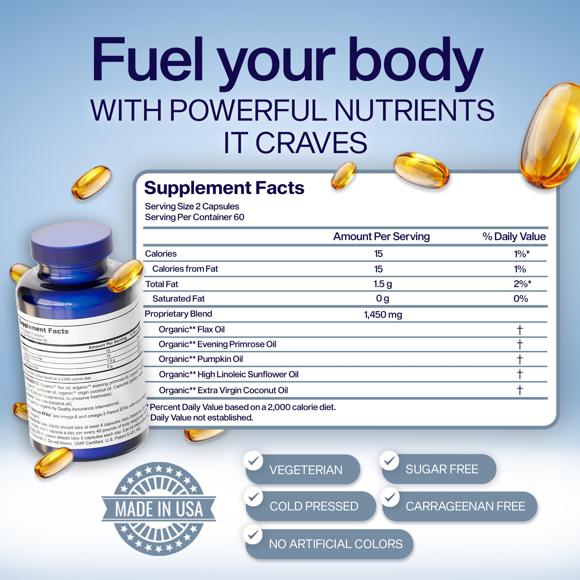 ULTIMATE EFAs YES ingredient-graph visualization highlights flax primrose pumpkin and coconut oils