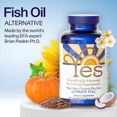 ULTIMATE EFAs YES softgels in hand illustrate convenient plant-based capsules for daily wellness