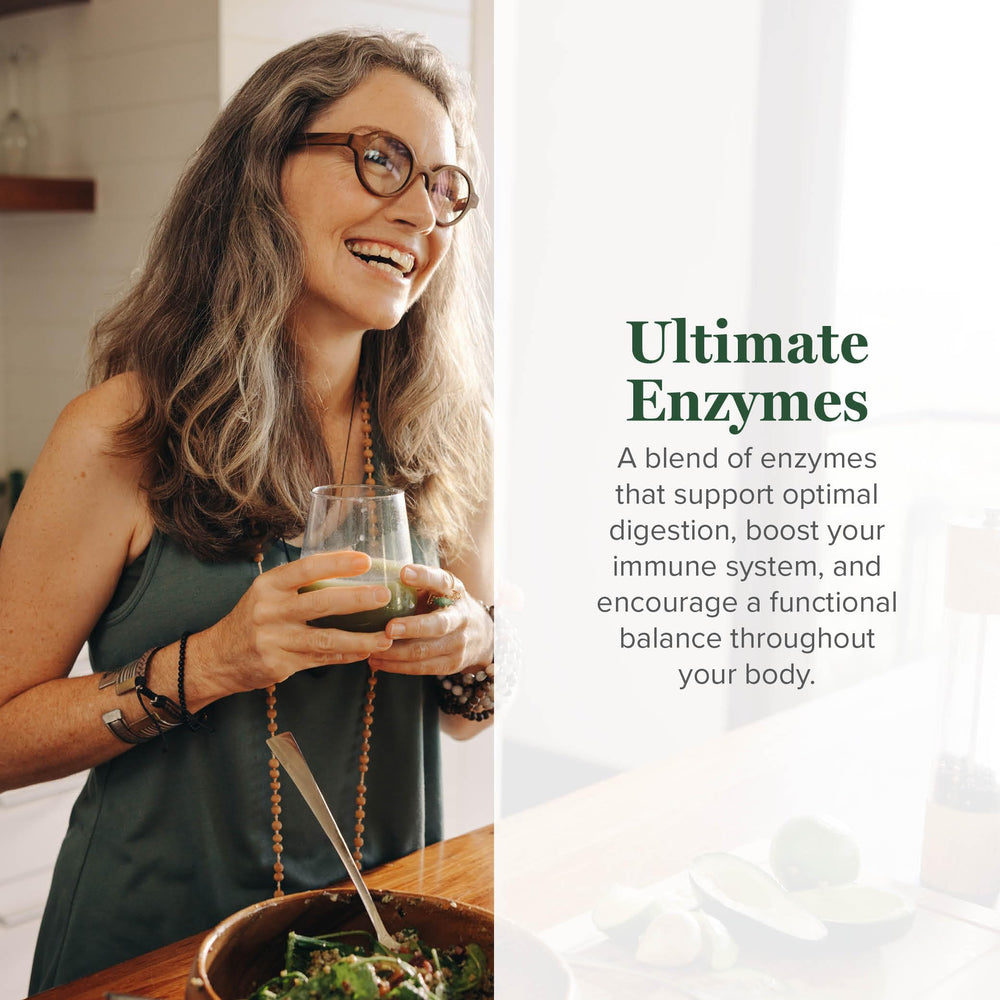 Global Healing Center Ultimate Enzymes capsules closeup showing vegan enzyme blend to aid digestion.
