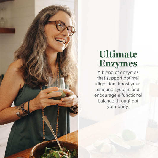 Global Healing Center Ultimate Enzymes capsules closeup showing vegan enzyme blend to aid digestion.