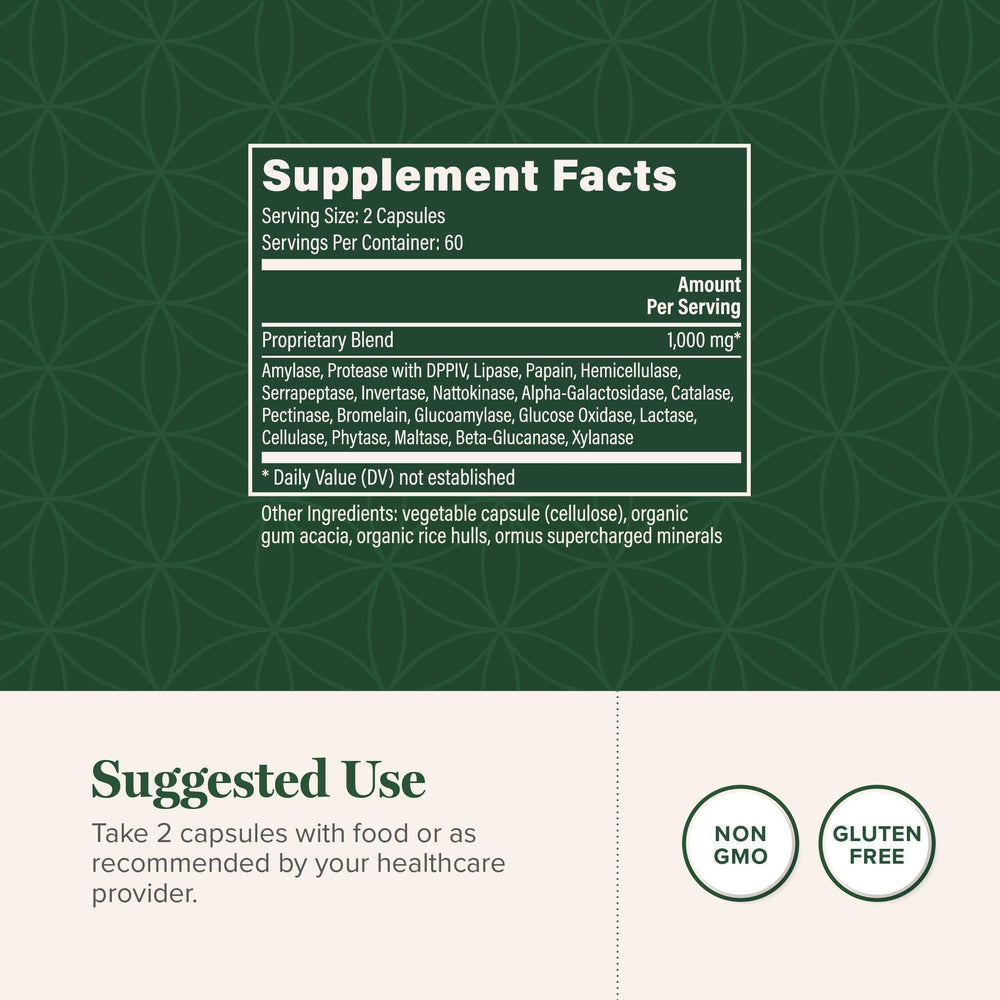 Ultimate Enzymes label by Global Healing Center highlighting broad enzyme spectrum for diverse meals.
