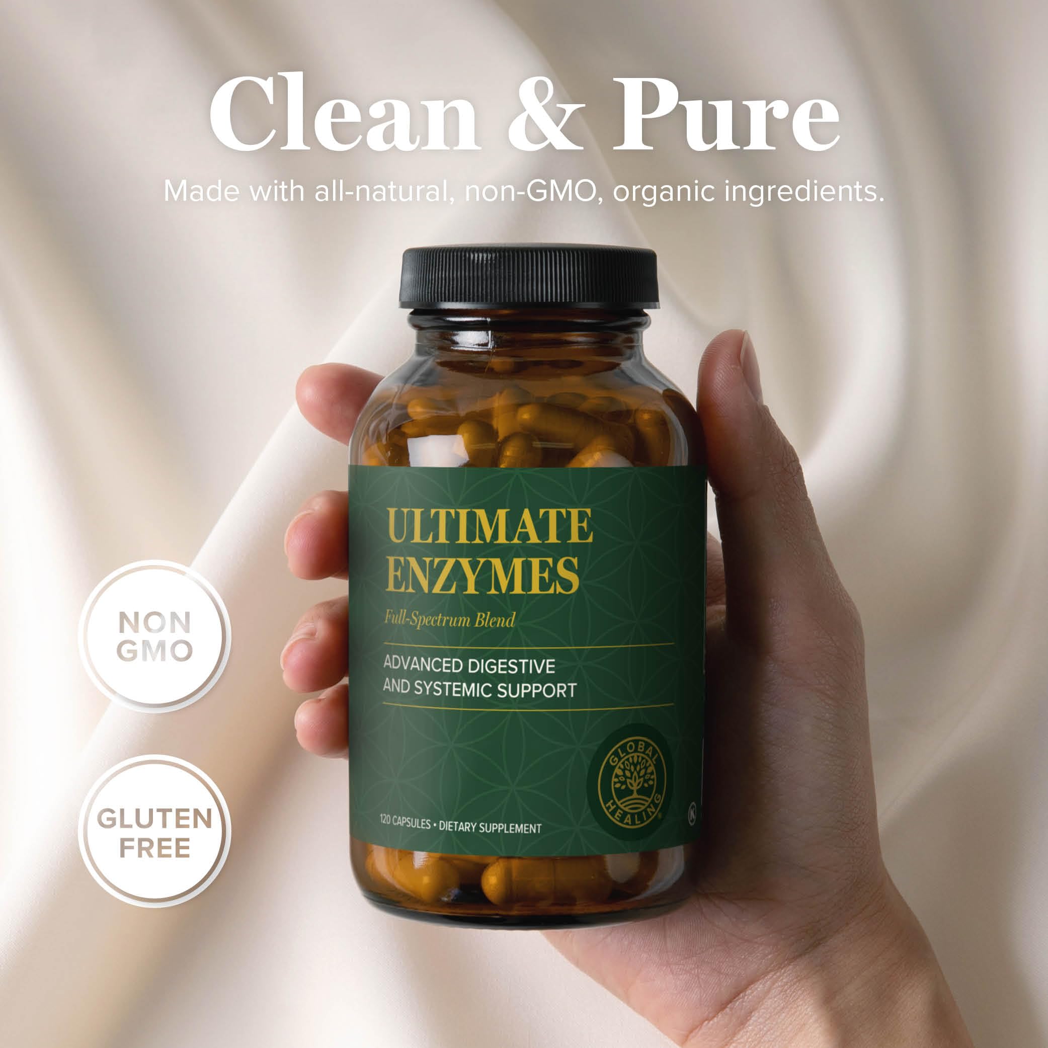 Global Healing Center Ultimate Enzymes pour shot emphasizing easy dosing for meals.