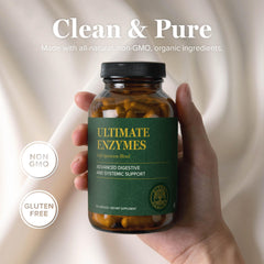 Global Healing Center Ultimate Enzymes pour shot emphasizing easy dosing for meals.