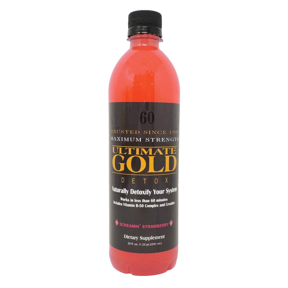 Ultimate Gold Detox Drink 20oz bottle with Screamin' Strawberry flavor for quick refreshment.