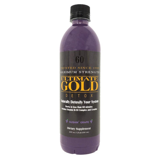 Ultimate Gold Detox Drink 20oz bottle, ready to work in under 60 minutes.