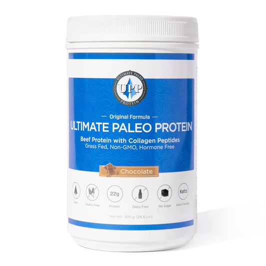 Ultimate Paleo Protein bottle featuring chocolate flavor for gluten-free, keto-friendly shakes.