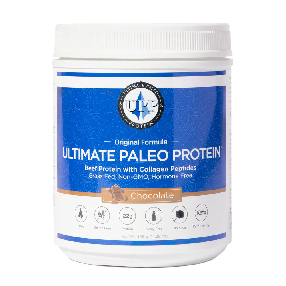 Ultimate Paleo Protein chocolate tub featuring grass-fed beef protein for shake-time workouts.