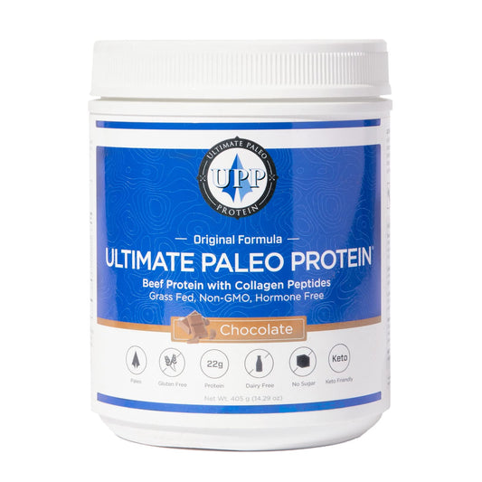 Ultimate Paleo Protein chocolate tub featuring grass-fed beef protein for shake-time workouts.