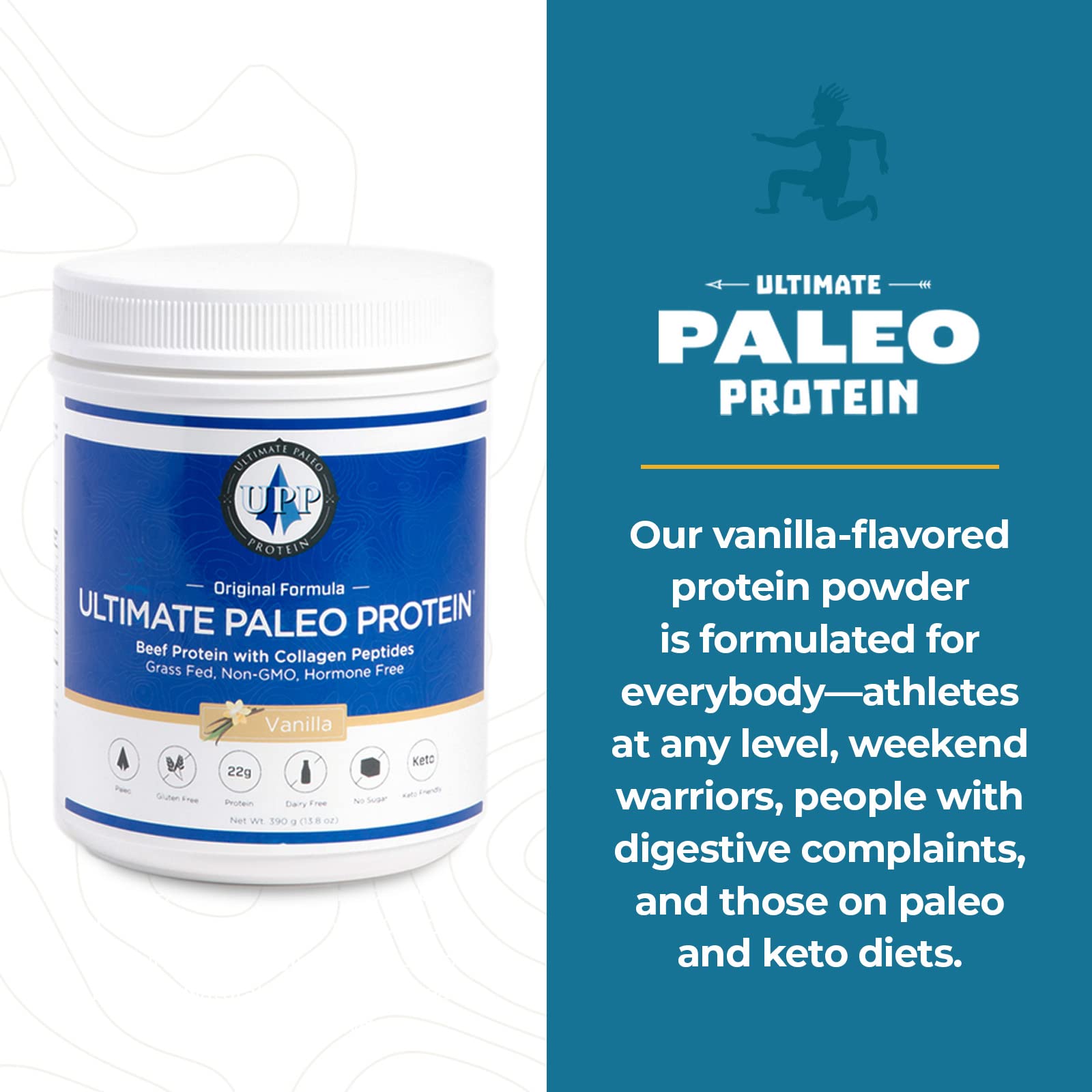 Ultimate Paleo Protein label highlights paleo and keto friendly, with allergen-free ingredients.