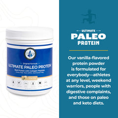Ultimate Paleo Protein label highlights paleo and keto friendly, with allergen-free ingredients.