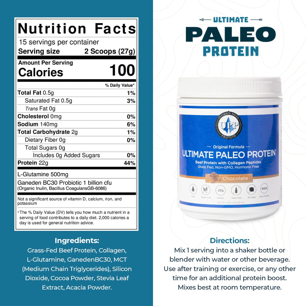 Ultimate Paleo Protein close-up shows grass-fed beef protein and collagen peptides.
