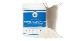 Ultimate Paleo Protein nutrition facts label highlights gluten-free and non-GMO features