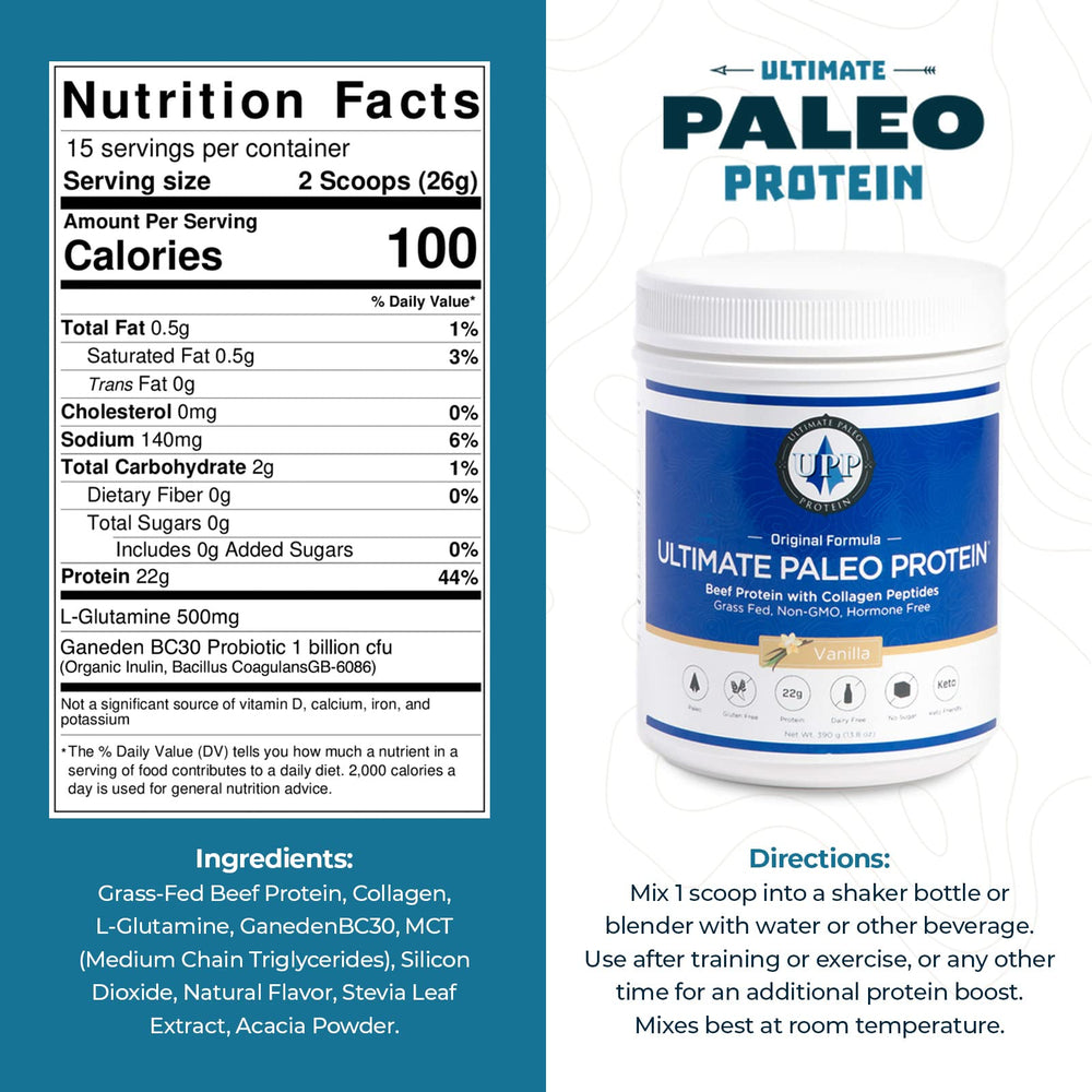 Scoop of Ultimate Paleo Protein ready to add to a shaker.