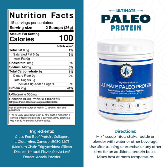 Scoop of Ultimate Paleo Protein ready to add to a shaker.