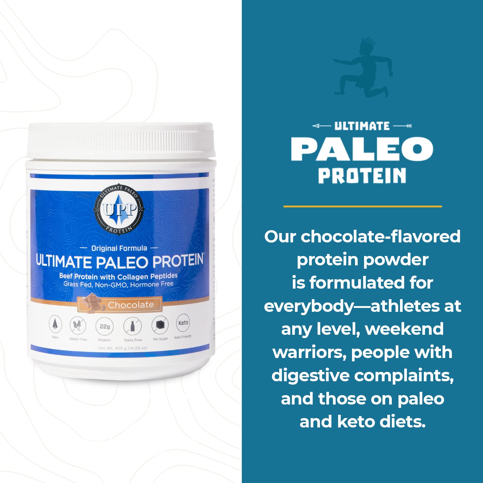 Shake-ready glass with chocolate Ultimate Paleo Protein for a quick, satisfying drink.