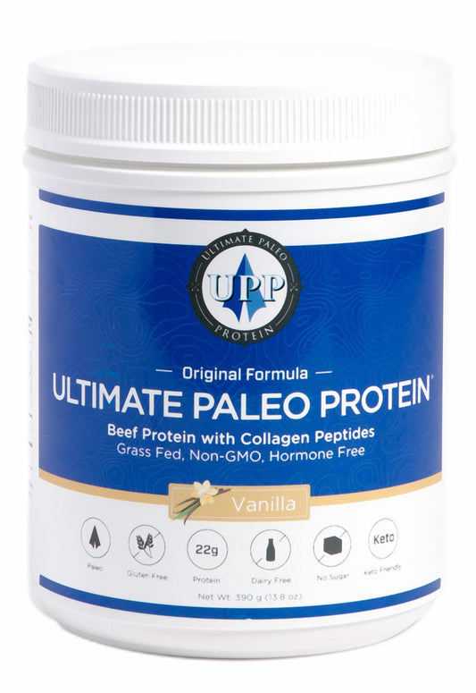 Ultimate Paleo Protein vanilla powder being poured for a protein-rich shake.