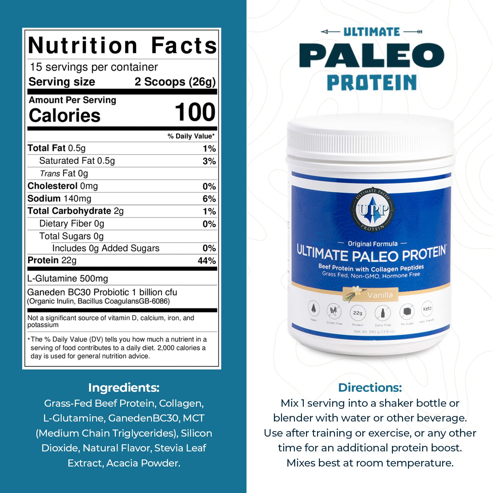 Glass of vanilla Ultimate Paleo Protein shake showcasing a convenient meal replacement option.