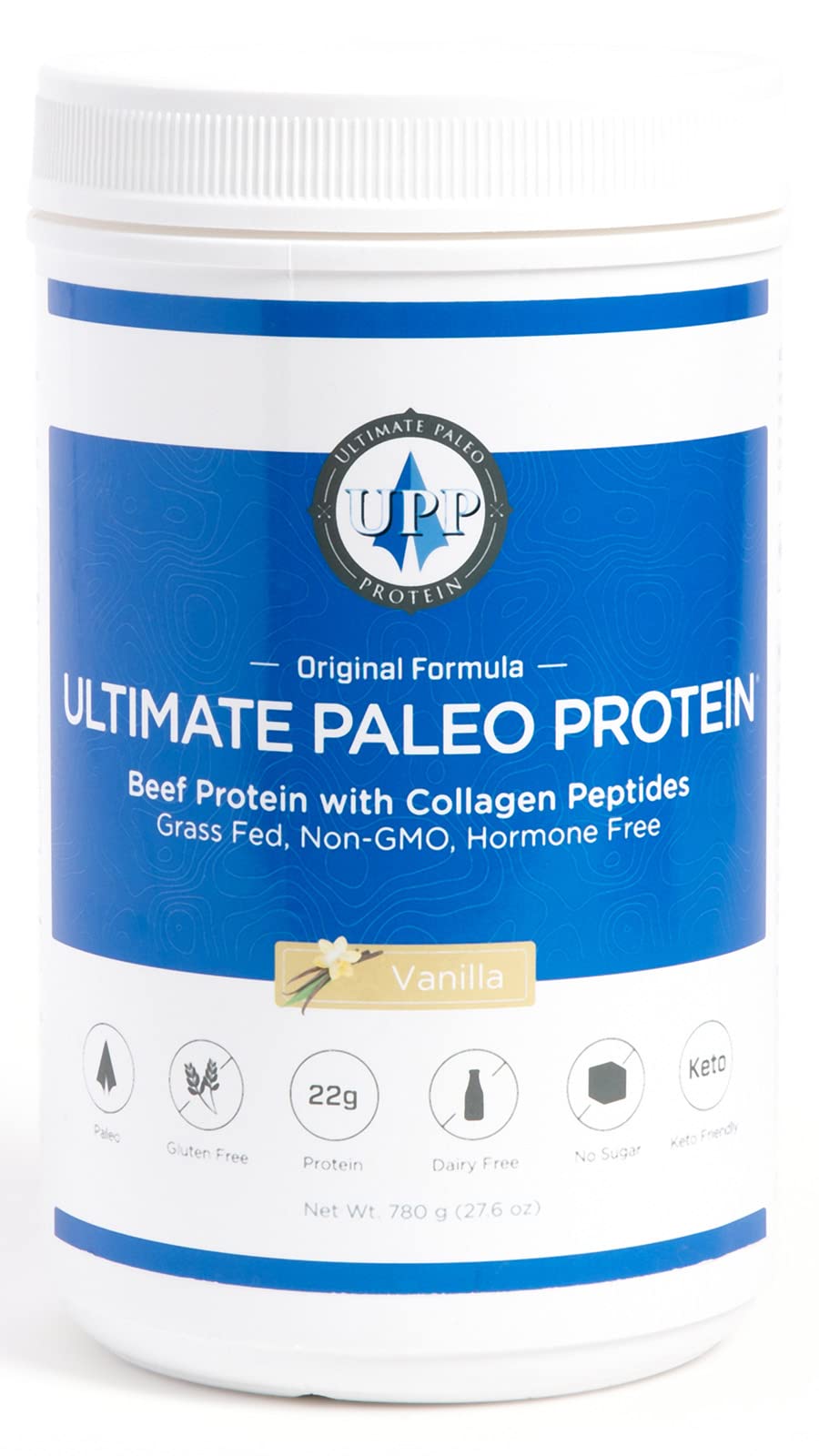 Ultimate Paleo Protein vanilla tub with grass-fed beef protein and collagen peptides.