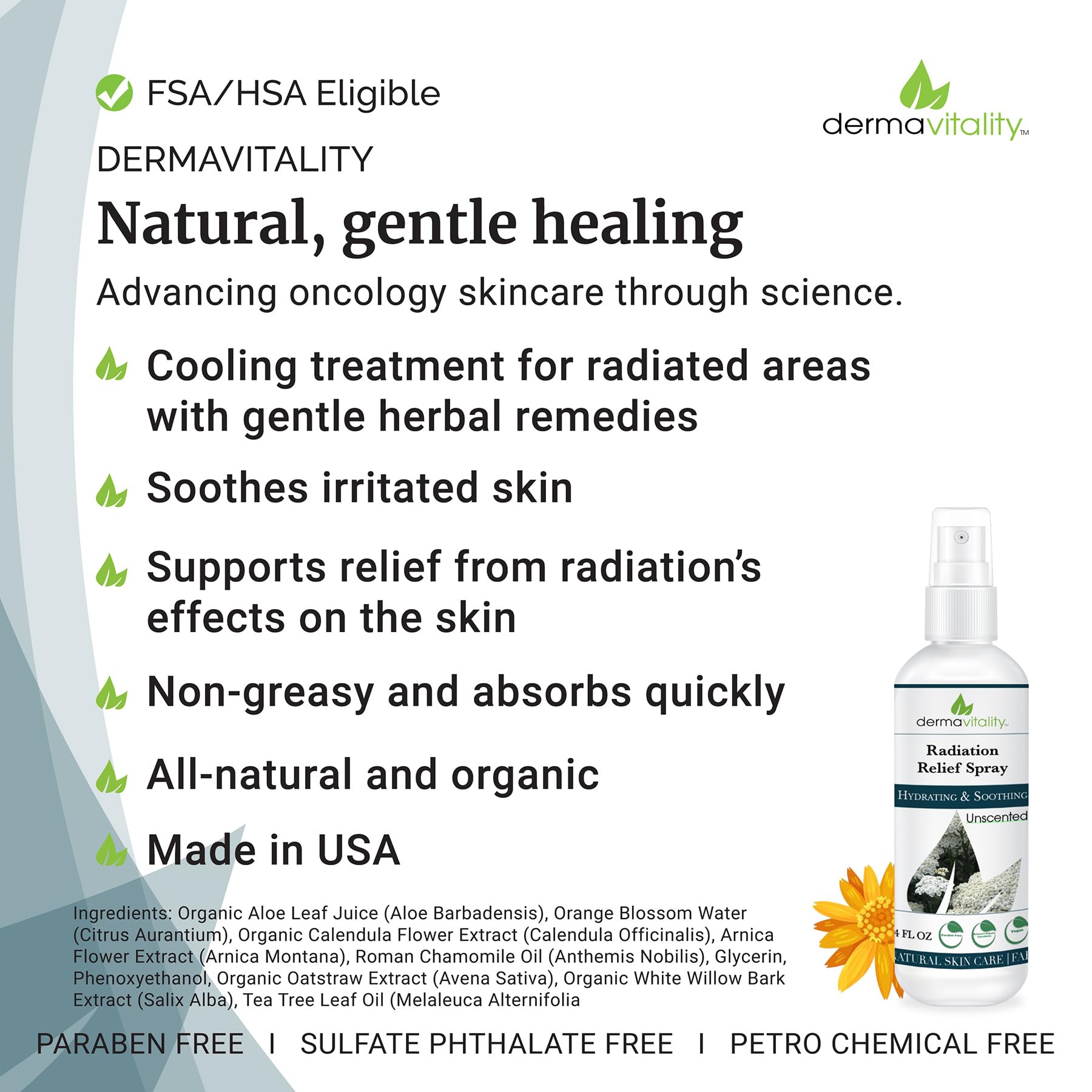 Collage of UltimateVitality organic ingredients: calendula, aloe, orange blossom water, oatstraw extracts.