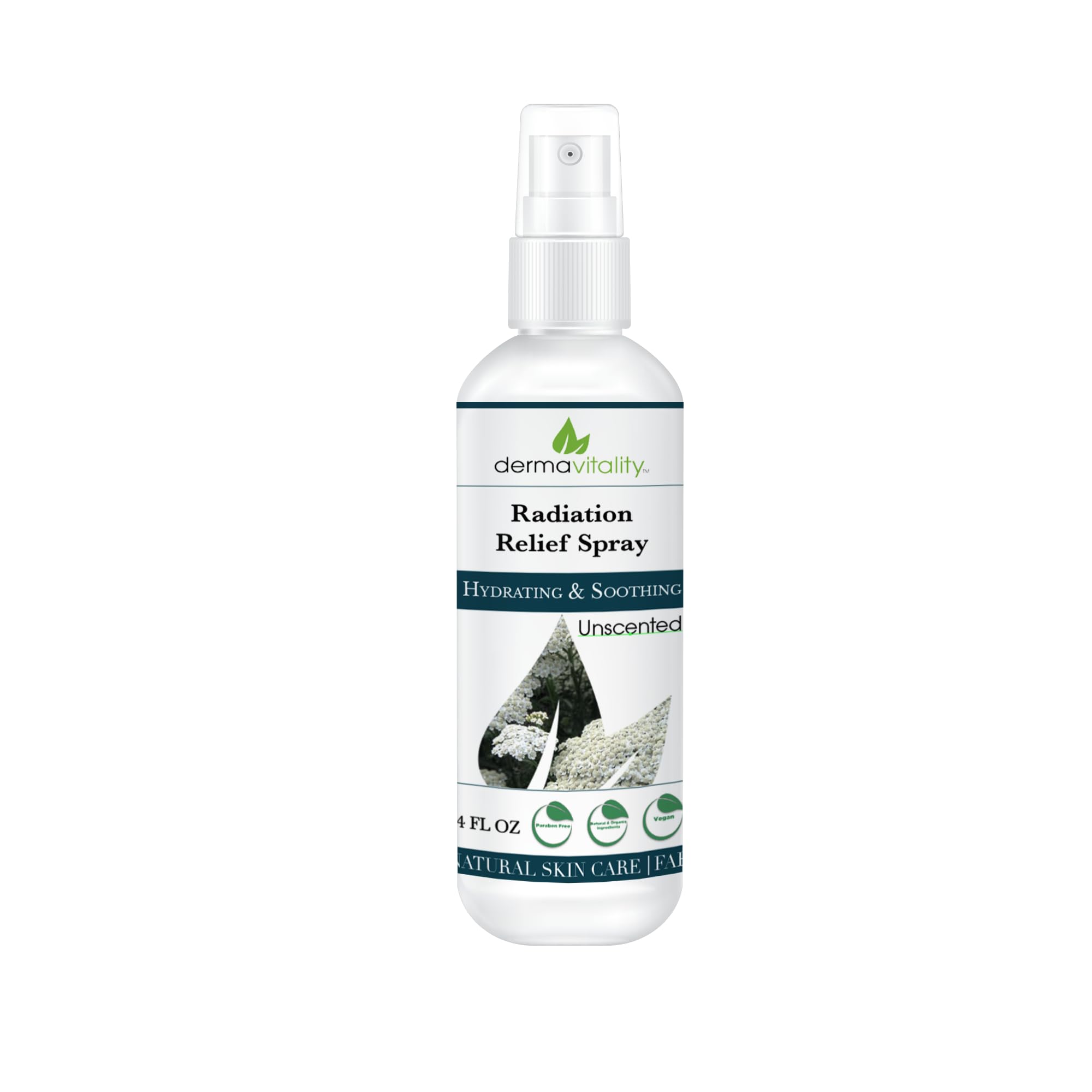 UltimateVitality Radiation Burn Relief Spray bottle front, unscented formula for sensitive, itchy skin relief.