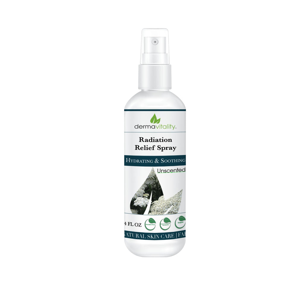 UltimateVitality Radiation Burn Relief Spray bottle front, unscented formula for sensitive, itchy skin relief.