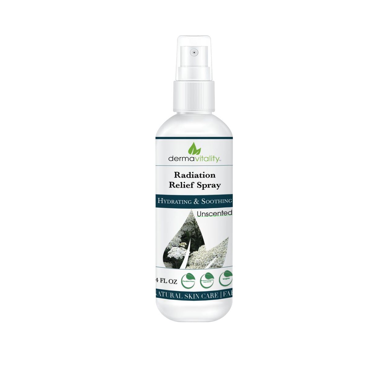 UltimateVitality Radiation Burn Relief Spray bottle front, unscented formula for sensitive, itchy skin relief.
