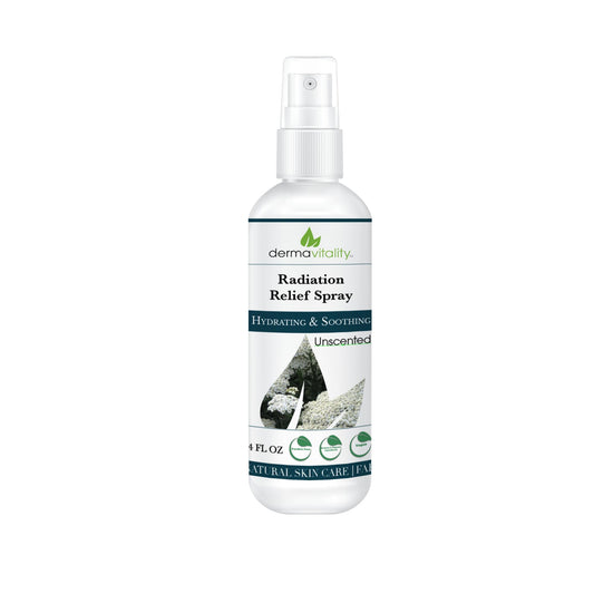UltimateVitality Radiation Burn Relief Spray bottle front, unscented formula for sensitive, itchy skin relief.