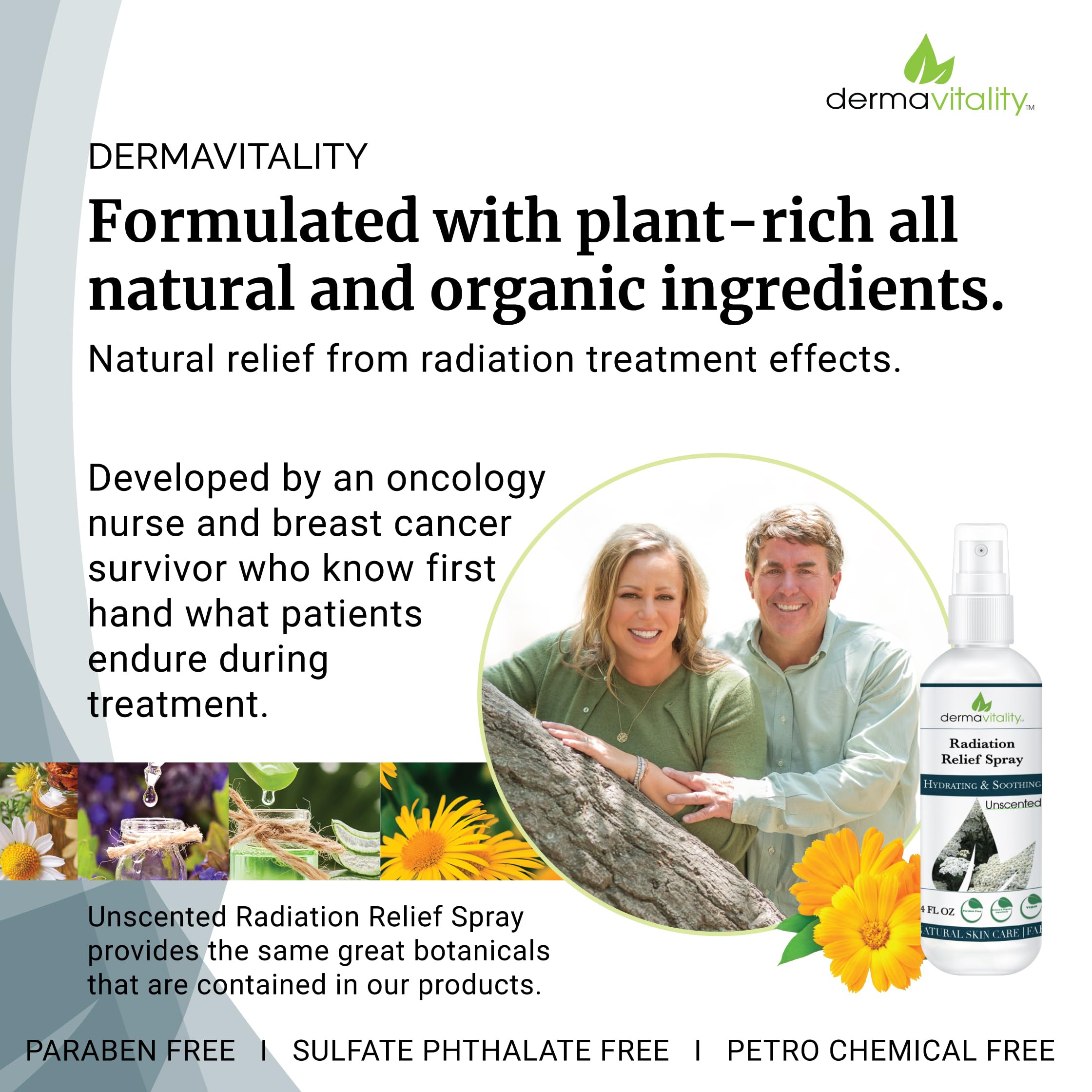Application view of UltimateVitality Radiation Burn Relief Spray showing cooling, quick-absorbing action.
