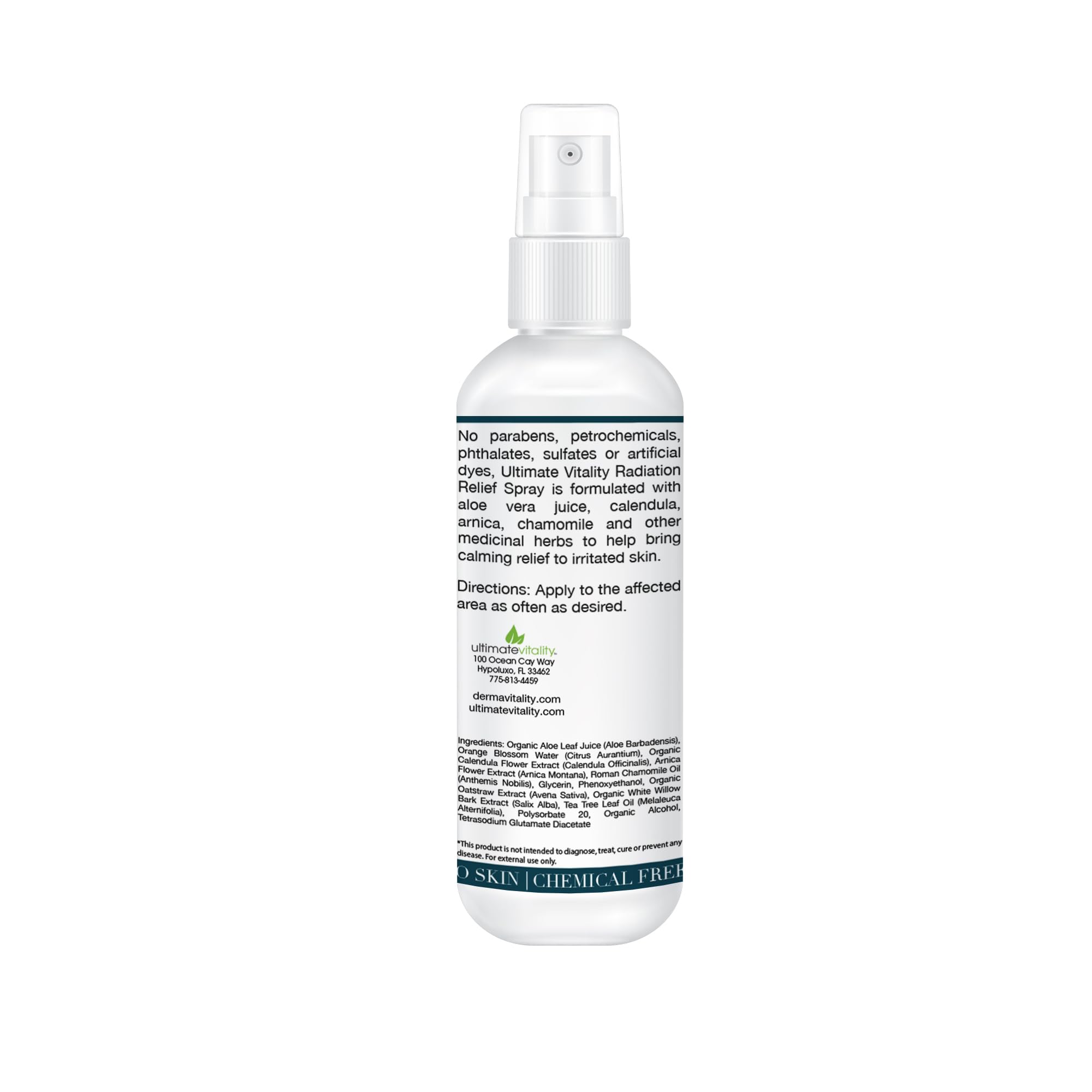 UltimateVitality Radiation Burn Relief Spray being absorbed quickly with a non-greasy finish.