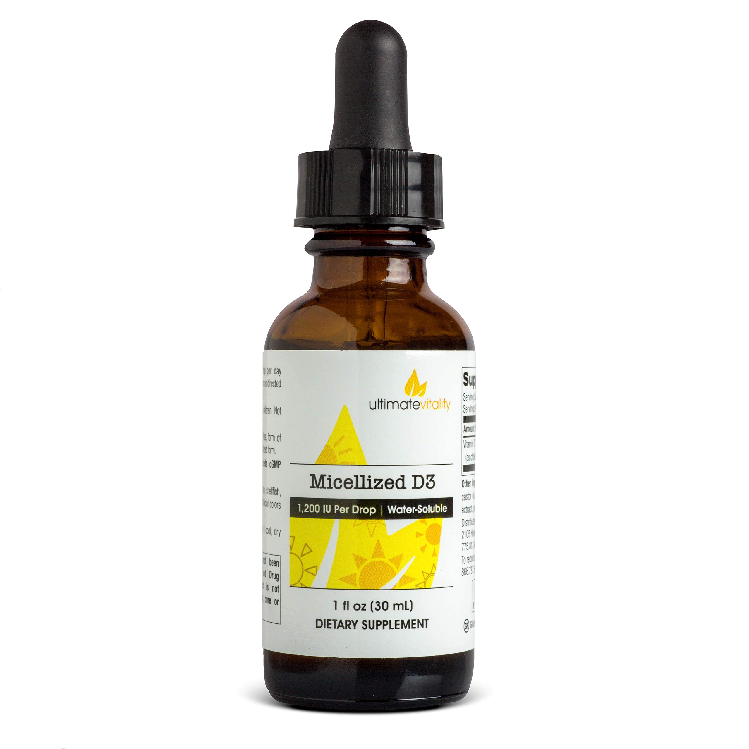 UltimateVitality micellized D3 liquid bottle shows easy daily dosing for nutrient support.