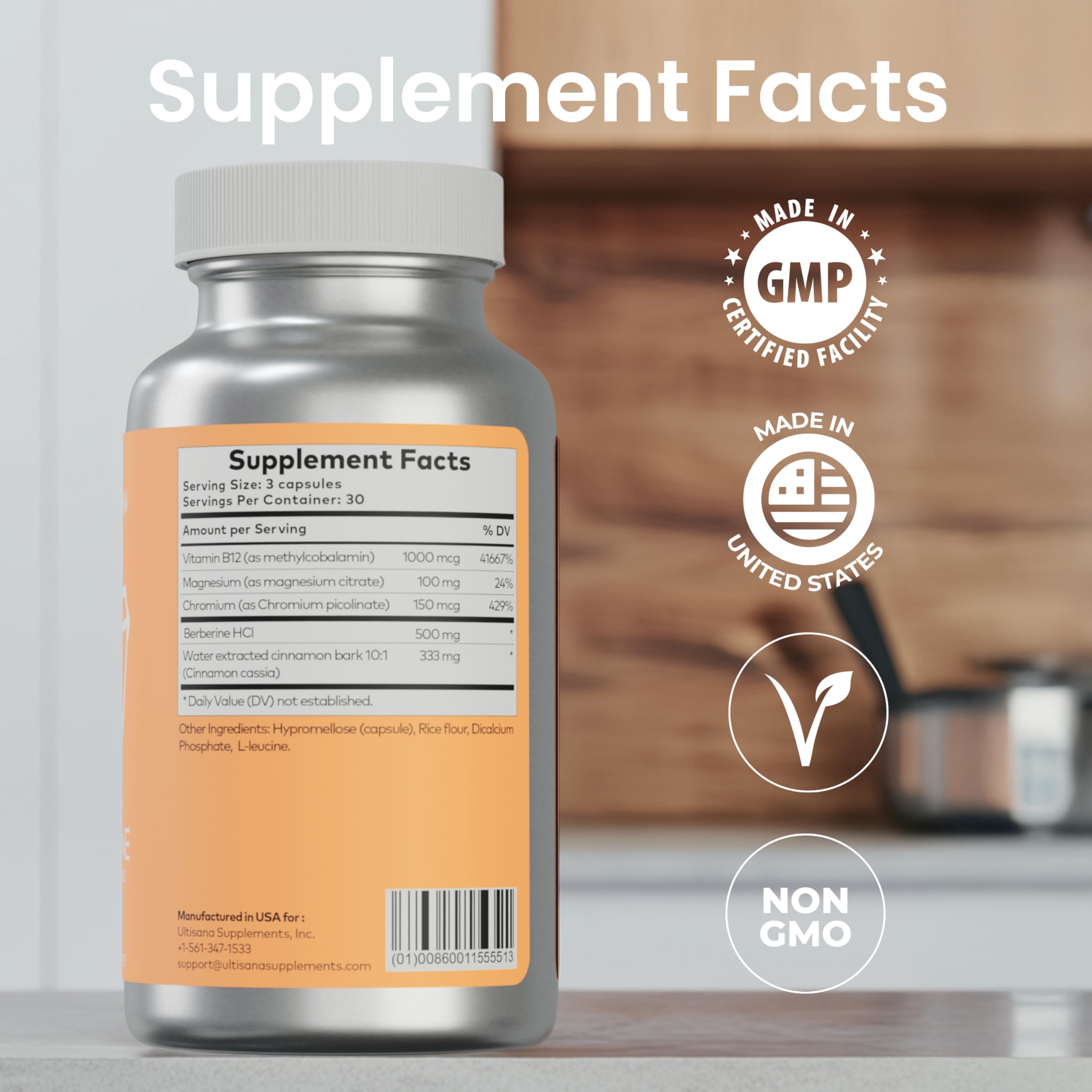 Nutrition panel on Ultisana Diaberine HCL bottle showing 90 count.
