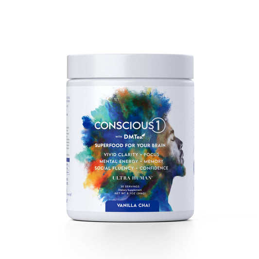 Ultra Human Conscious1 bottle front showing vanilla chai flavor for daily focus.