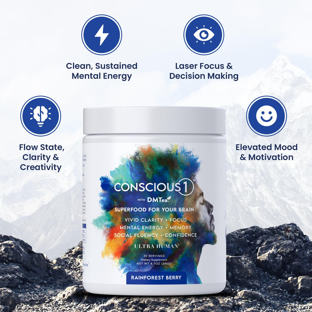 Ultra Human Conscious1 rainforest berry label with authentic signature signals trusted sourcing and transparency.