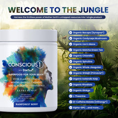 Ultra Human Conscious1 rainforest berry included theanine and tyrosine visuals signal calm focus during tasks.