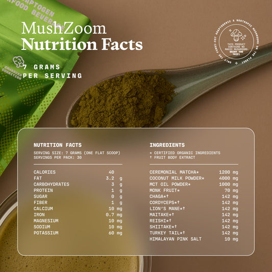 Ultra Life Sport Mush Zoom tub close-up highlights seven-mushroom blend for daily focus