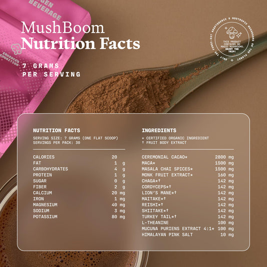 Ultra Life Sport MushBoom cup steaming with ceremonial cacao aroma for a comforting sip
